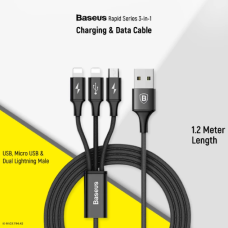 Baseus CAMLL-SU01 Rapid Series 3-in-1 USB Male to Micro USB & Dual Lightning, 1.2 Meter, Black Charging & Data Cable